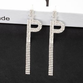 Fashion Jewelry 925 Silver Needle Ornaments Rhinestone Letter B Earrings Banquet Tassel Ear Ornaments Female (Color: Silver, style: P)