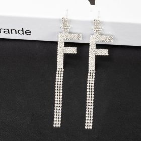 Fashion Jewelry 925 Silver Needle Ornaments Rhinestone Letter B Earrings Banquet Tassel Ear Ornaments Female (Color: Silver, style: F)