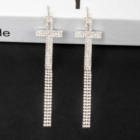 Fashion Jewelry 925 Silver Needle Ornaments Rhinestone Letter B Earrings Banquet Tassel Ear Ornaments Female (Color: Silver, style: T)