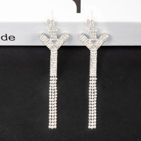 Fashion Jewelry 925 Silver Needle Ornaments Rhinestone Letter B Earrings Banquet Tassel Ear Ornaments Female (Color: Silver, style: Y)