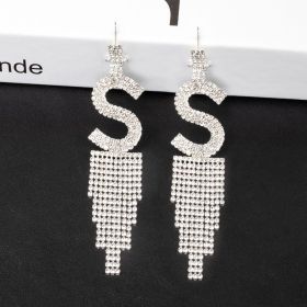 Fashion Jewelry 925 Silver Needle Ornaments Rhinestone Letter B Earrings Banquet Tassel Ear Ornaments Female (Color: Silver, style: S)