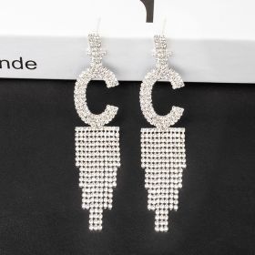 Fashion Jewelry 925 Silver Needle Ornaments Rhinestone Letter B Earrings Banquet Tassel Ear Ornaments Female (Color: Silver, style: C)