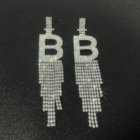 Fashion Jewelry 925 Silver Needle Ornaments Rhinestone Letter B Earrings Banquet Tassel Ear Ornaments Female (Color: Silver, style: B)