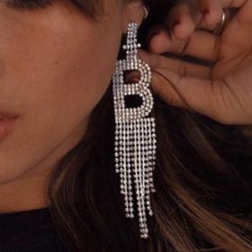 Fashion Jewelry 925 Silver Needle Ornaments Rhinestone Letter B Earrings Banquet Tassel Ear Ornaments Female (Color: Golden, style: X)