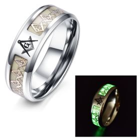 Glow In The Dark Ring Masonic Pattern Jewelry (Color: White, size: number 11)