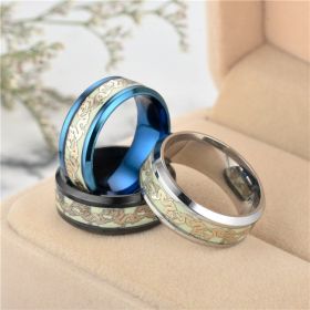 European And American New Hot Titanium Steel Fluorescent Double Dragon Ring Luminous Double Dragon Stainless Steel Jewelry Factory Direct Sales W (Color: Steel Color Gold Leaf, size: No13)