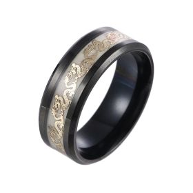 European And American New Hot Titanium Steel Fluorescent Double Dragon Ring Luminous Double Dragon Stainless Steel Jewelry Factory Direct Sales W (Color: Black Gold Sequins, size: No9)