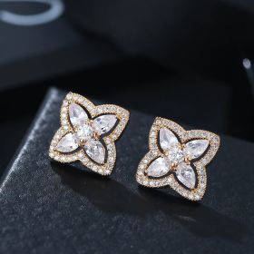 Flower Alloy Jewelry Clover Lady Stud Earrings (Color: Gold)