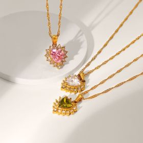 Women's Zircon Heart Necklace Stainless Steel Jewelry 18k Gold Chain Necklace Shiny Green/pink/white Pendant Necklace (select: JDN20750-pink)