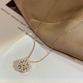 Retro Magnetic Folding Heart Shaped Four Leaf Clover Pendant Necklace Women Love Clavicle Chain Gifts Openable Choker Jewelry (Color: Gold, style: 3PC)